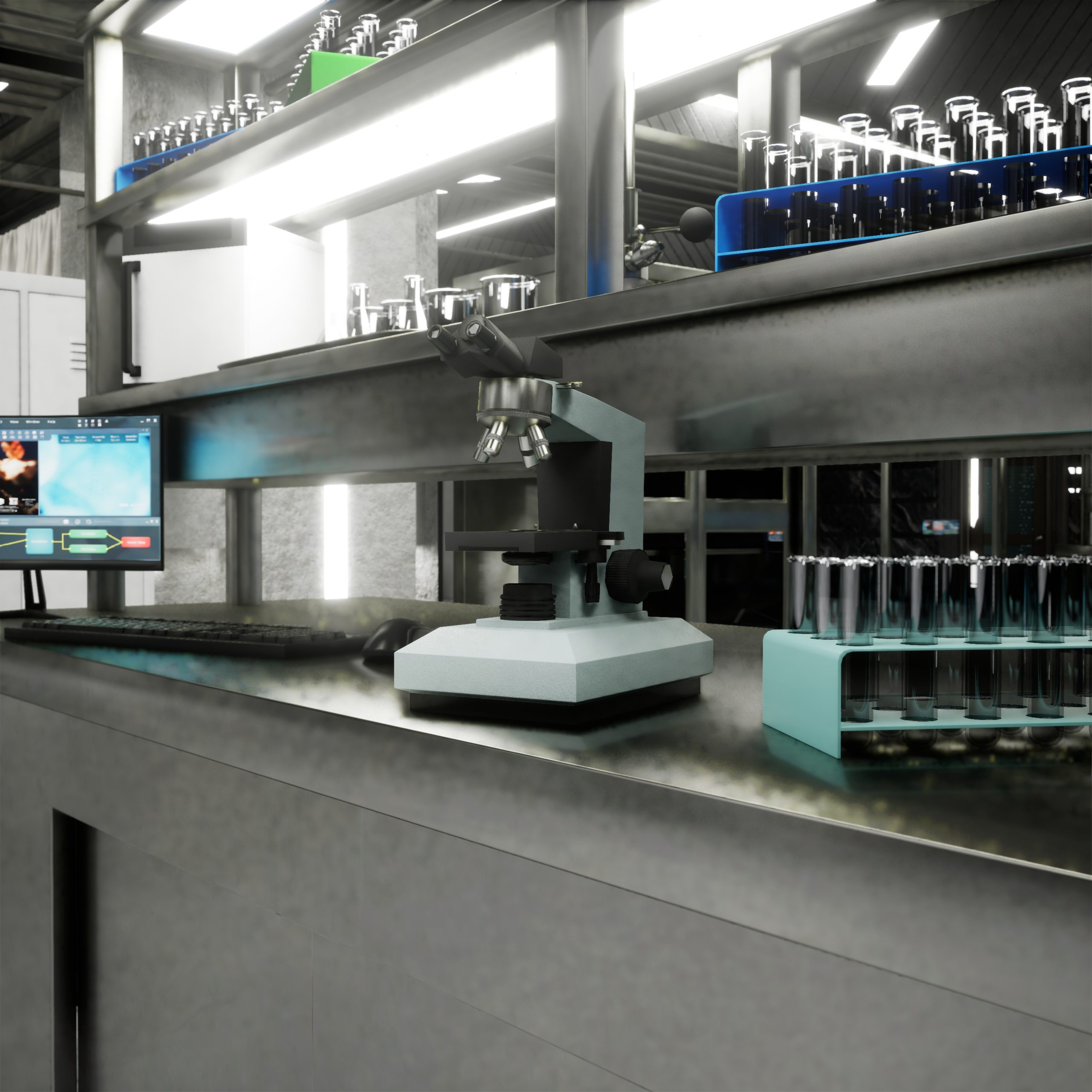 Hospital lab with sterile test tubes and glass vials for sample analysis